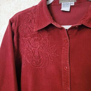Red Embroidered Corduroy Button Shirt Isabella Bird Womens Size XL
